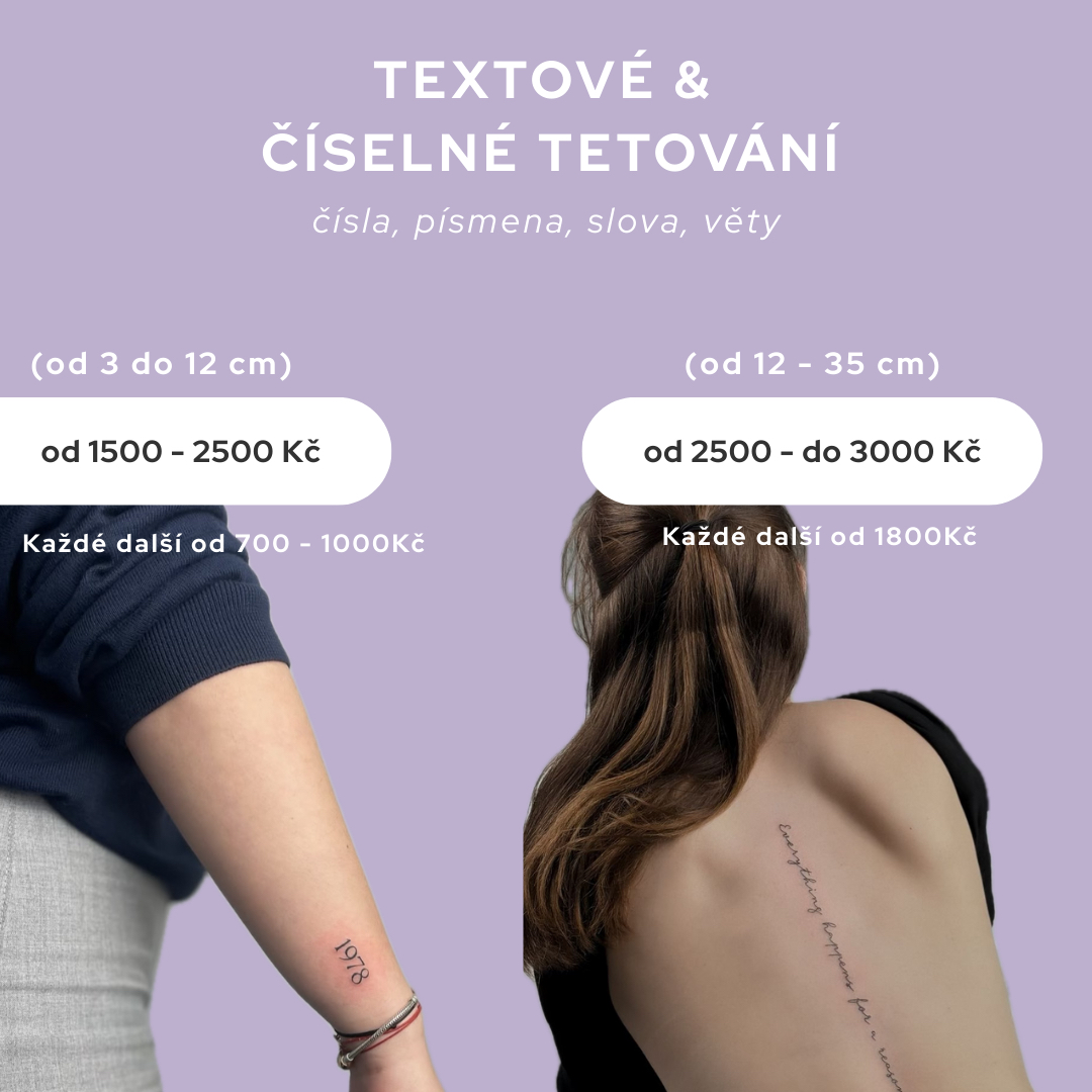 TEXTOVÉ A ČÍSELNÉ TETOVÁNÍ (od 3 do 12 cm) = 1h