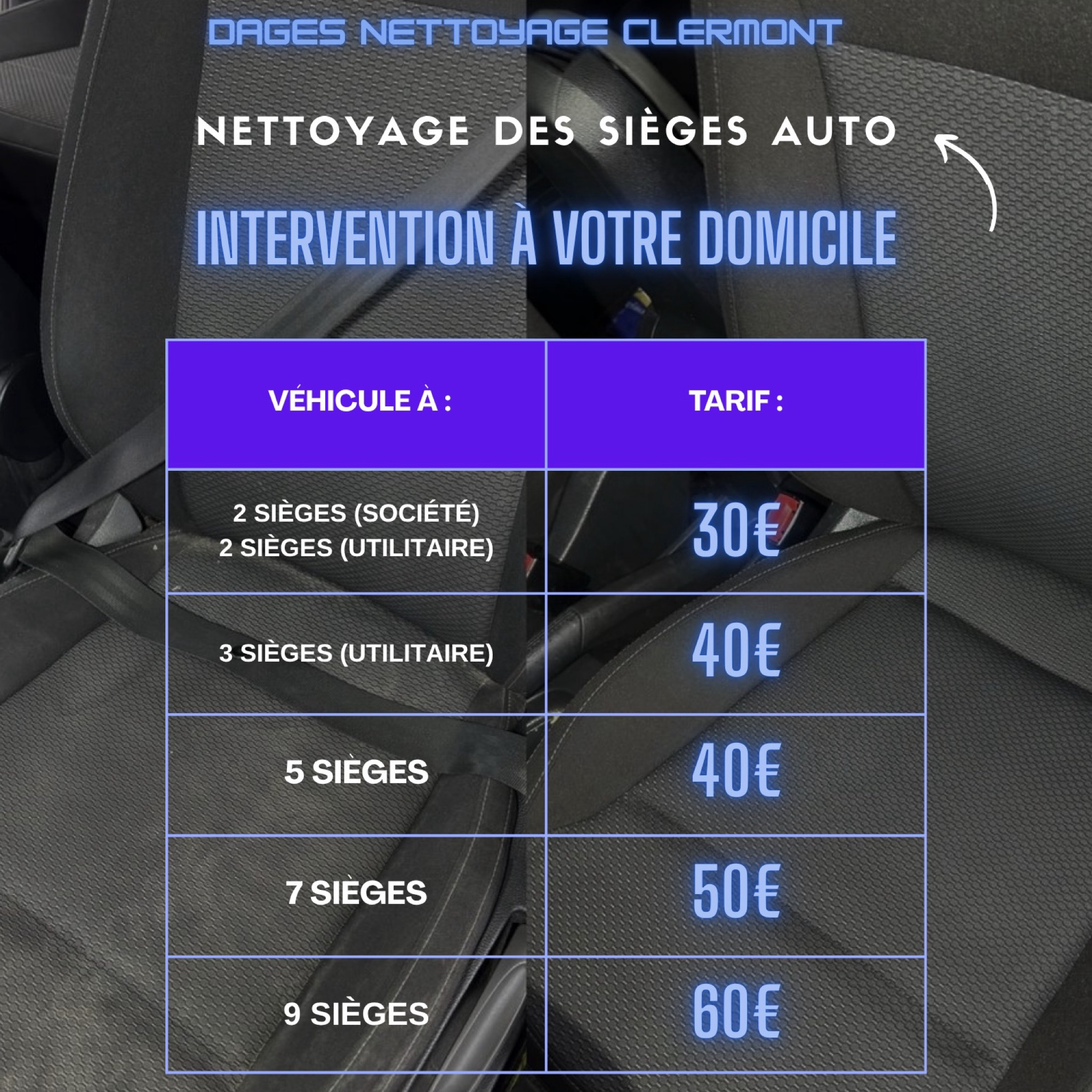 Shampouinage des sièges voiture (uniquement)