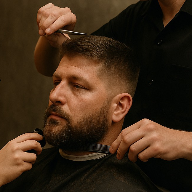 Pánský střih + holení "hot towel"/úprava vousů