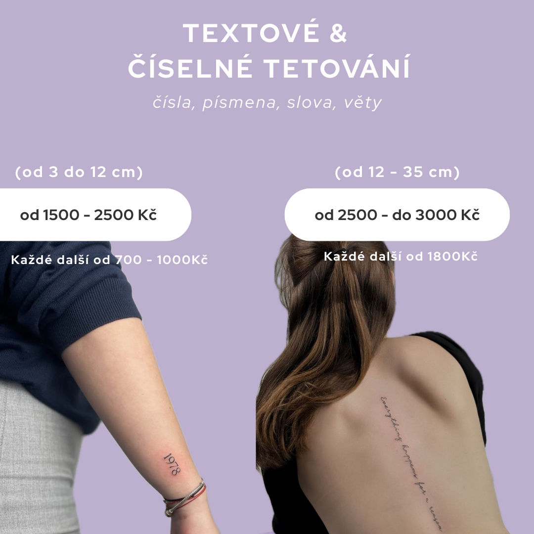 TEXTOVÉ A ČÍSELNÉ TETOVÁNÍ (od 12 do 35 cm) = 1,5h