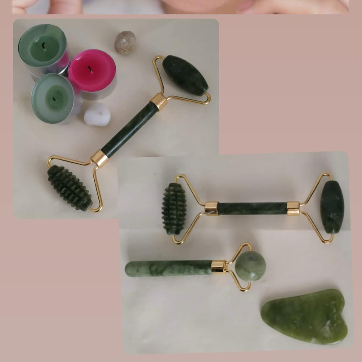 Massage du visage avec pierres et rouleau